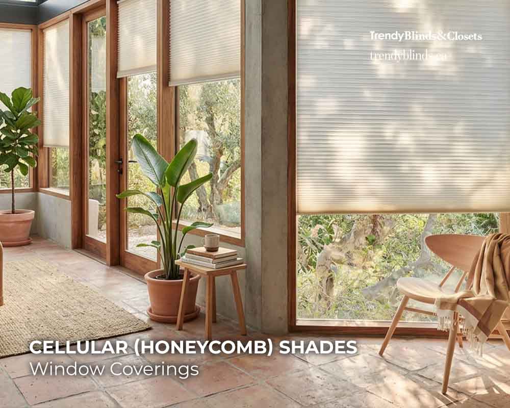 Honeycomb cellular shades covering solarium windows for insulation and light control
