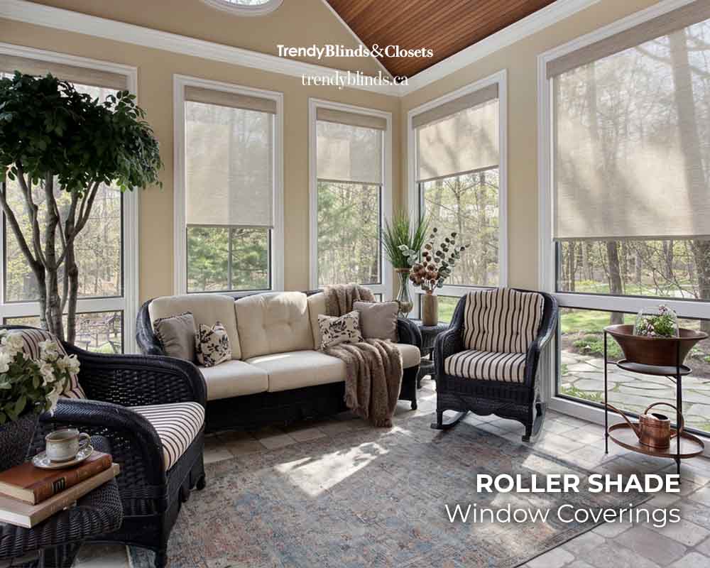 Roller shades on solarium windows for a clean modern light-filtering look