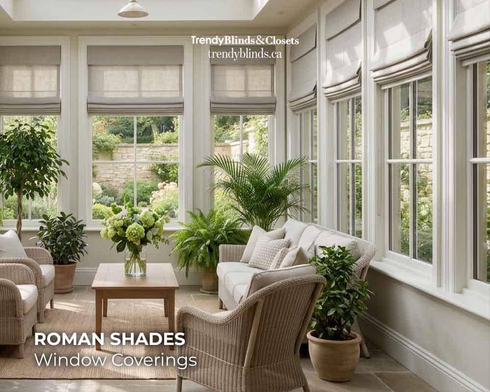 Roman shades installed on solarium windows with soft tailored folds