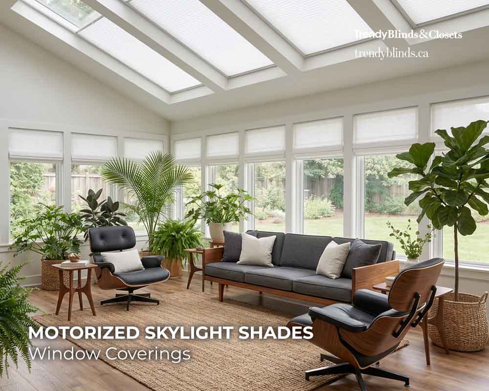 Skylight shades covering overhead solarium glass for heat and glare control