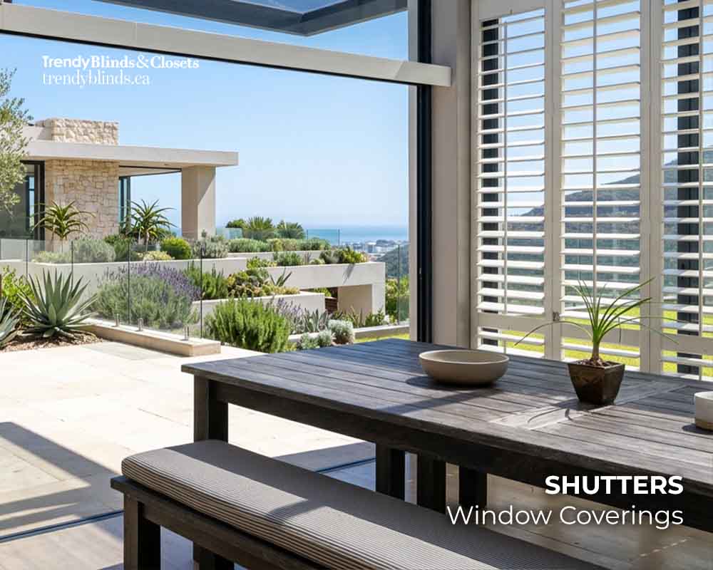 Window shutters in a solarium providing adjustable light control and privacy