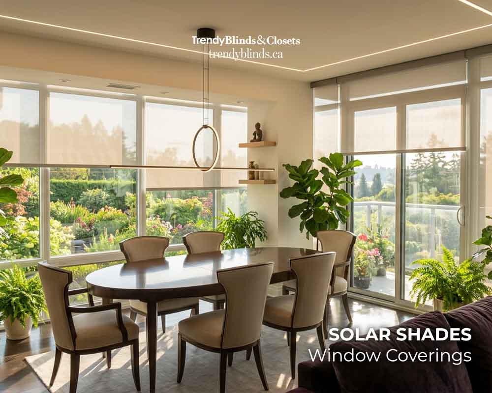 Solar shades filtering sunlight across large solarium windows