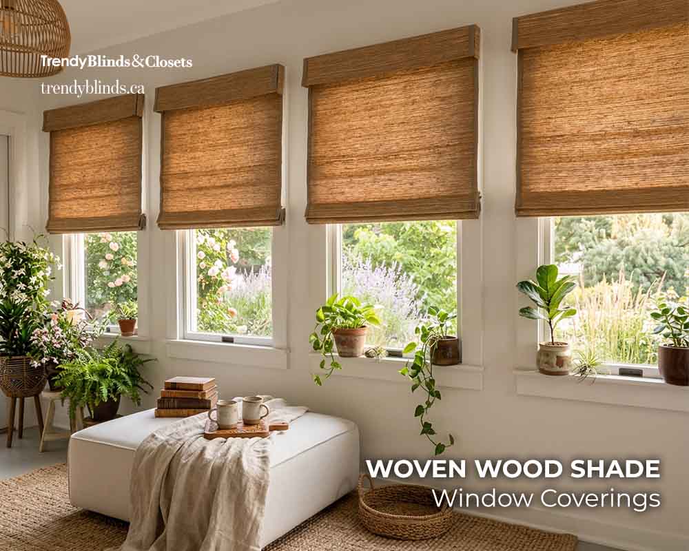 Woven wood shades adding natural texture and filtered light to solarium windows